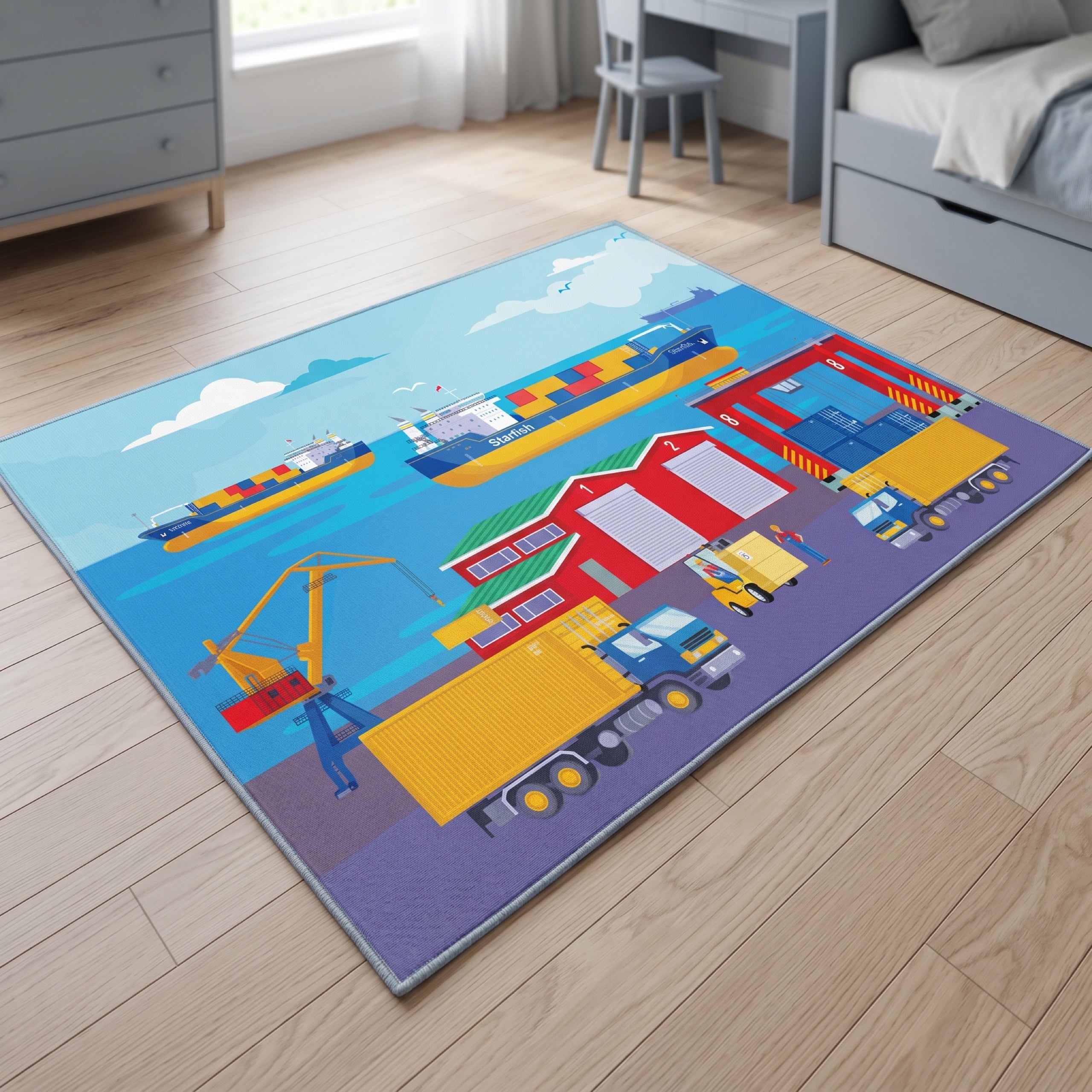 Upina Spielteppich Hafen im Kinderzimmer – schräge Perspektive