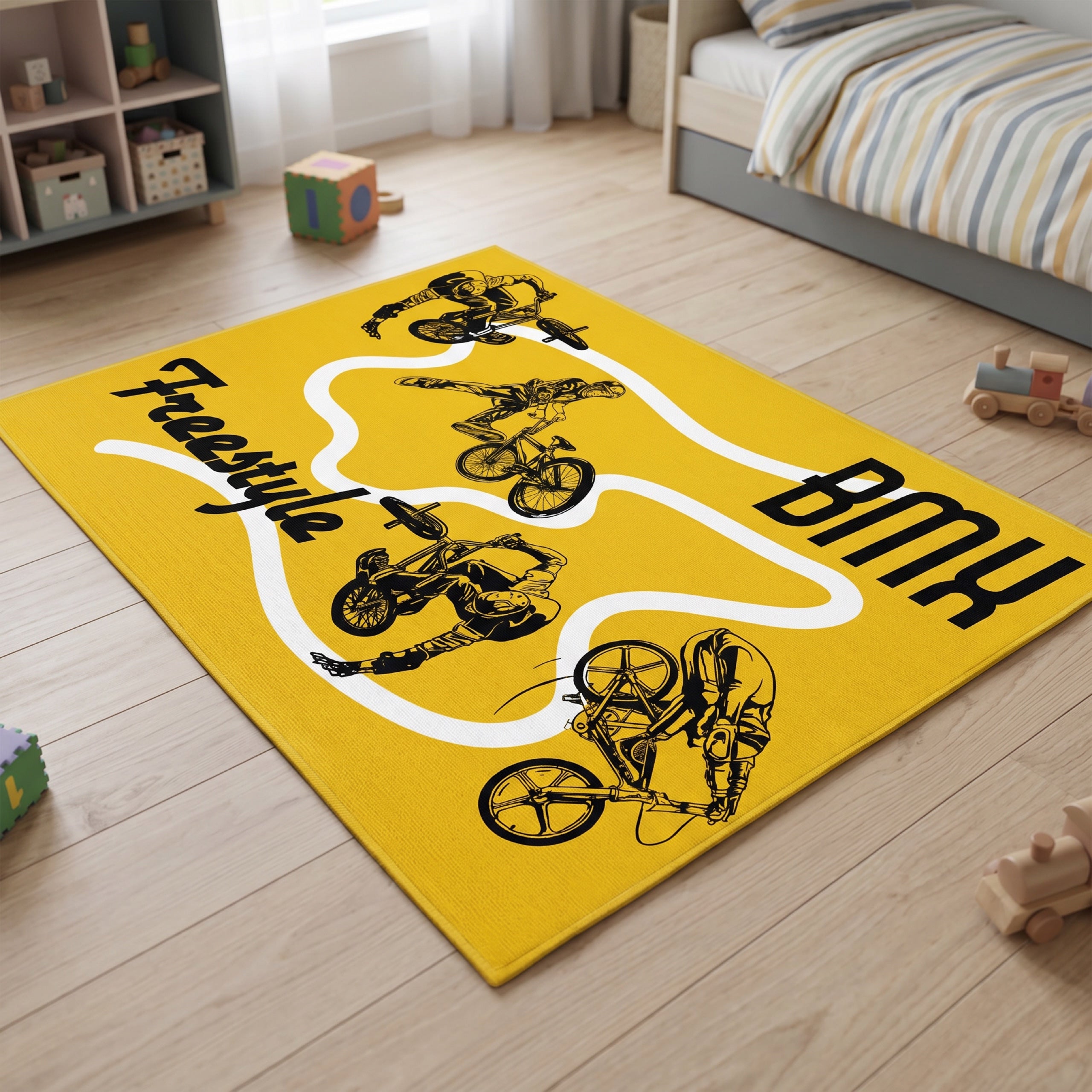 Upina Spielteppich BMX im Kinderzimmer – schräge Perspektive