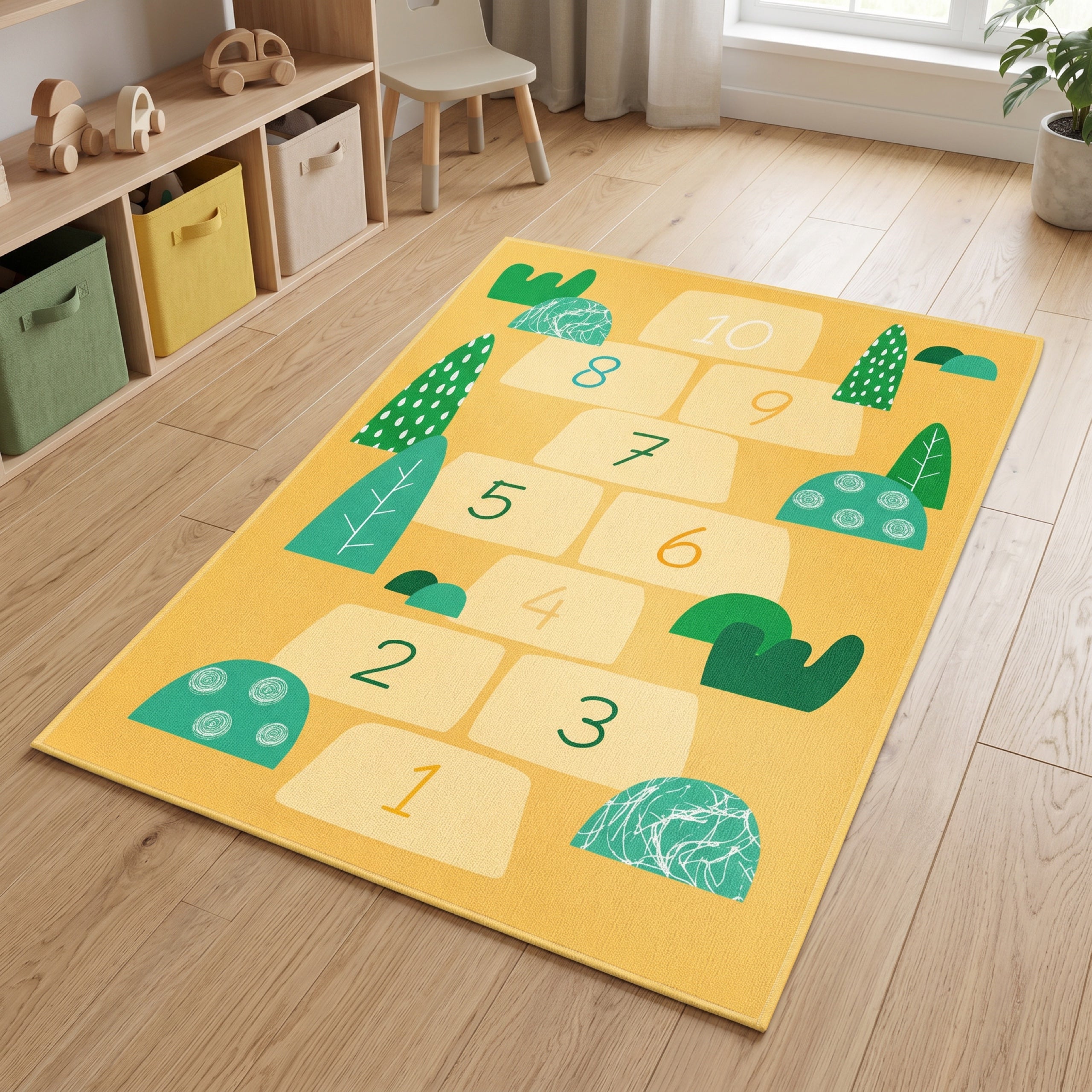 Upina Spielteppich Hopse-Spiel gelb im Kinderzimmer – Frontperspektive