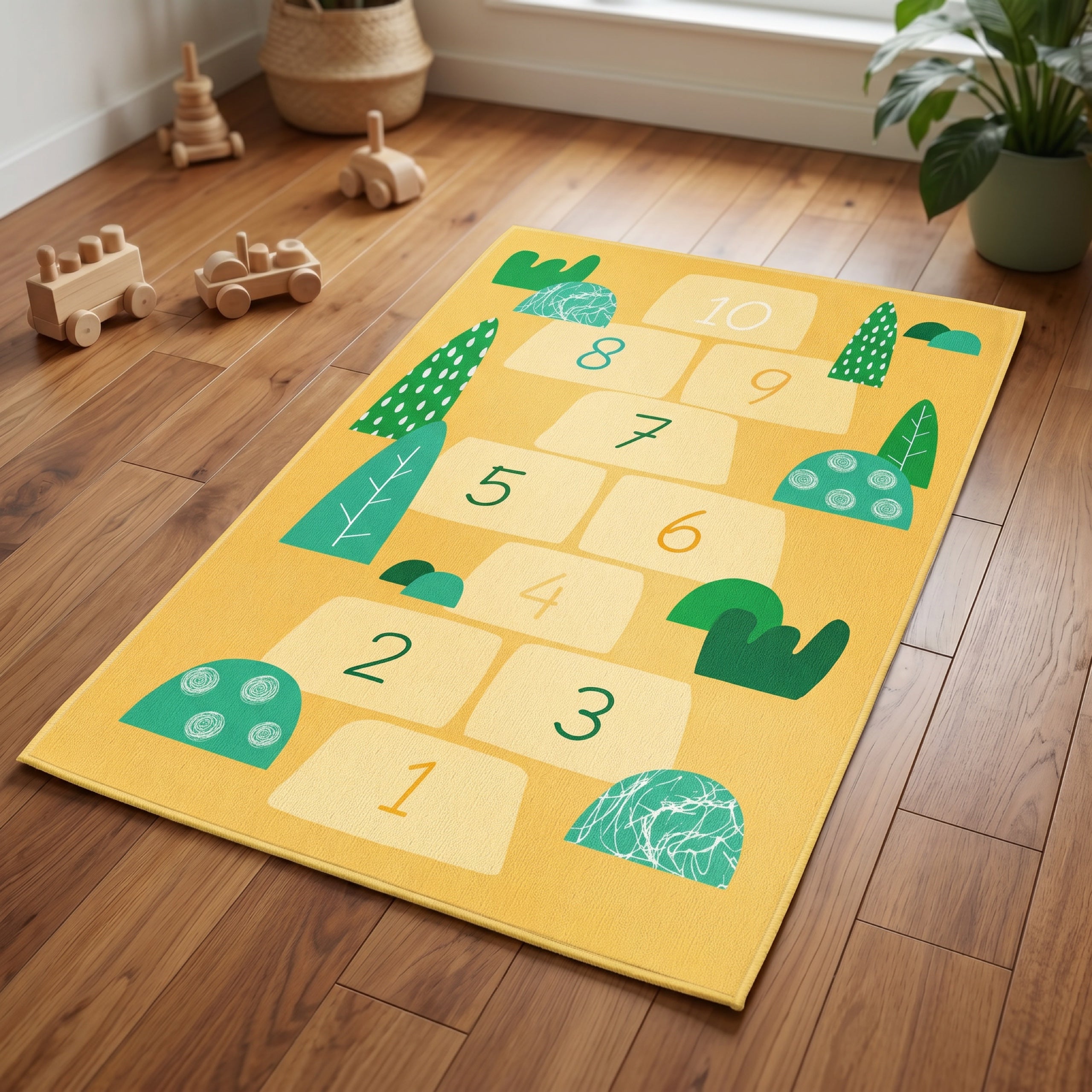 Upina Spielteppich Hopse-Spiel gelb im Kinderzimmer – schräge Perspektive
