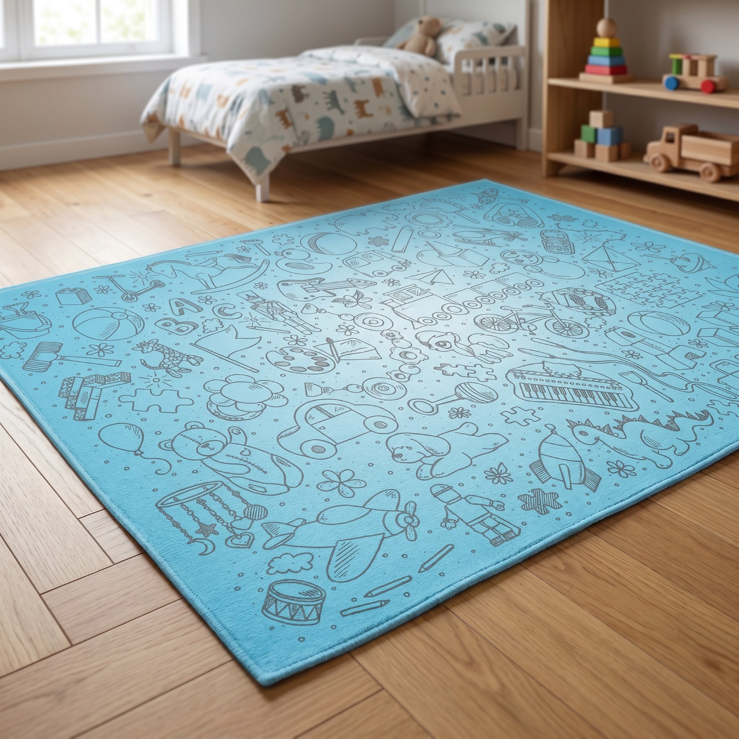 Upina Spielteppich Spielzeug blau im Kinderzimmer – Frontperspektive