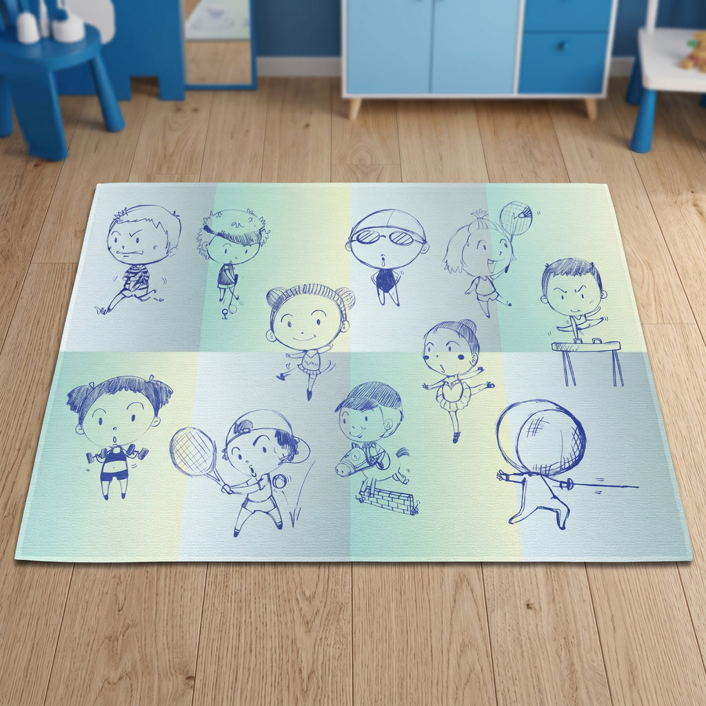 Upina Spielteppich Sportarten blau im Kinderzimmer – Frontperspektive