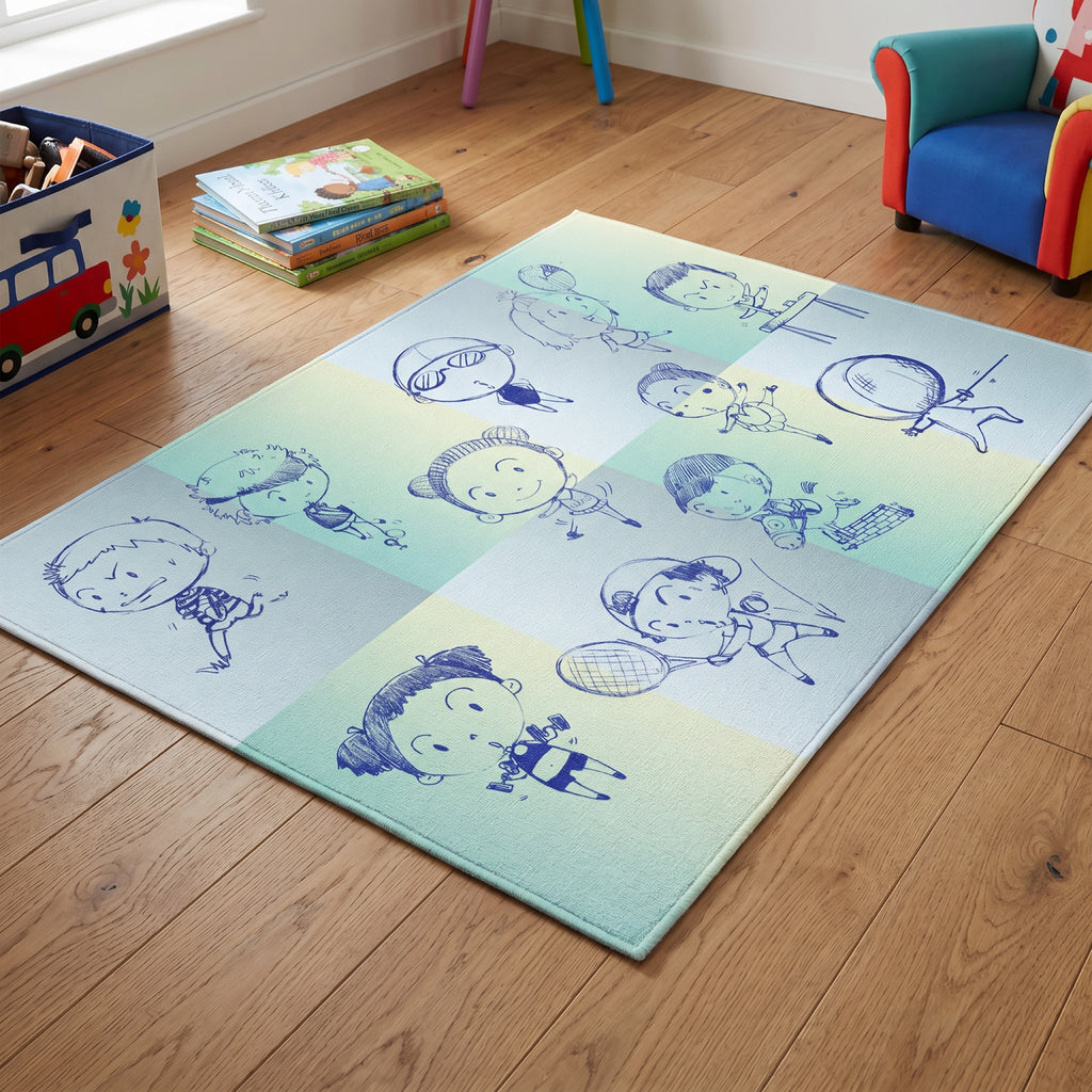 Upina Spielteppich Sportarten blau im Kinderzimmer – schräge Perspektive