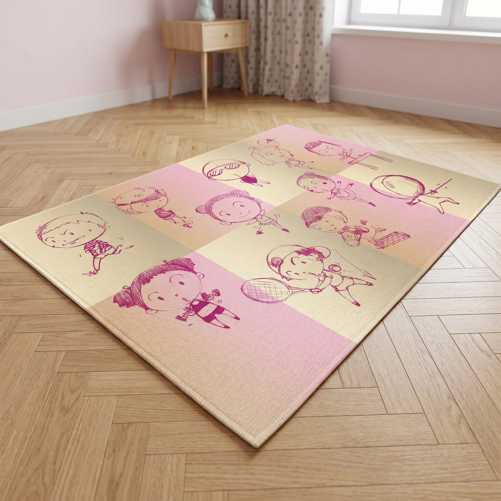 Upina Spielteppich Sportarten rosa im Kinderzimmer – Frontperspektive