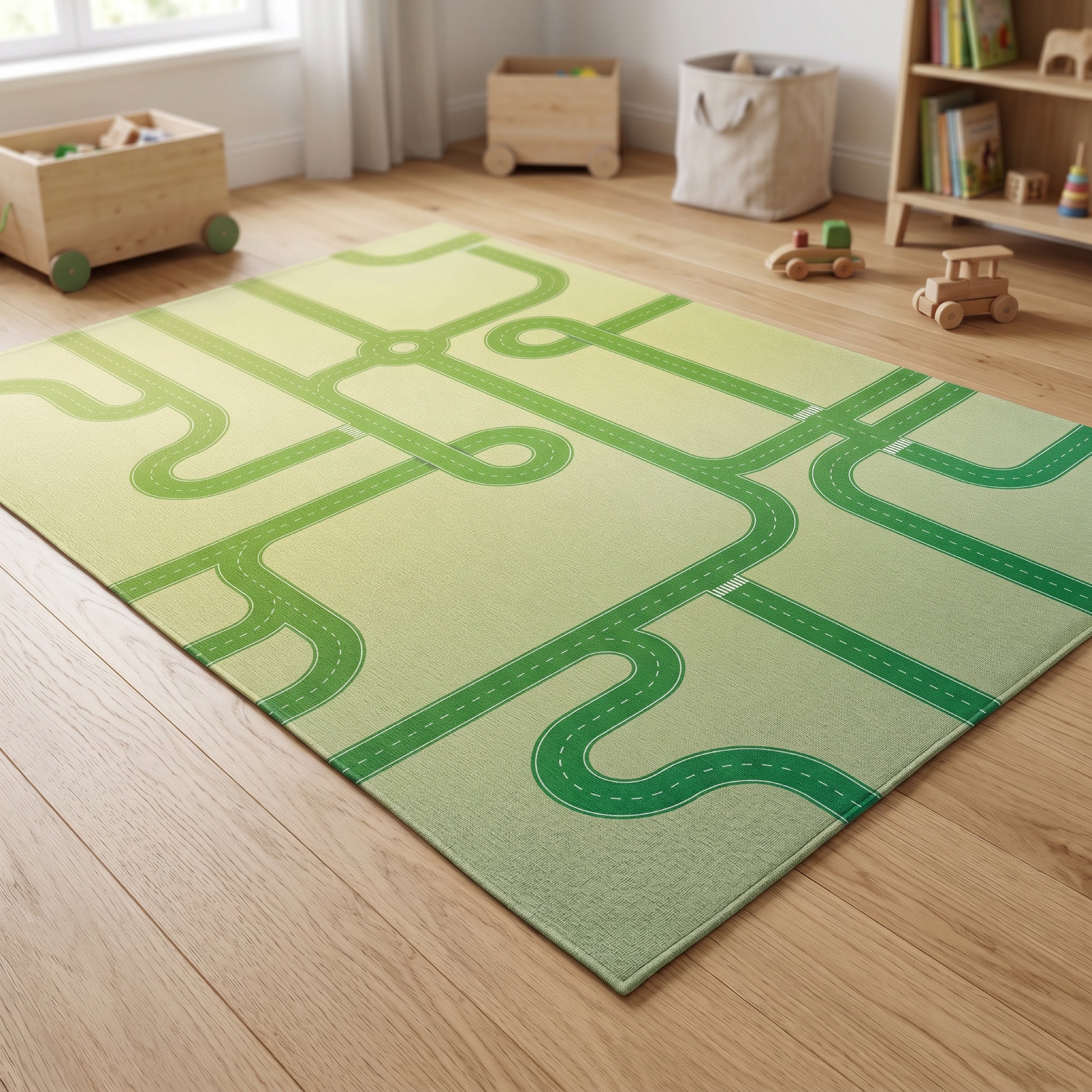 Upina Spielteppich Straßen grün im Kinderzimmer – schräge Perspektive