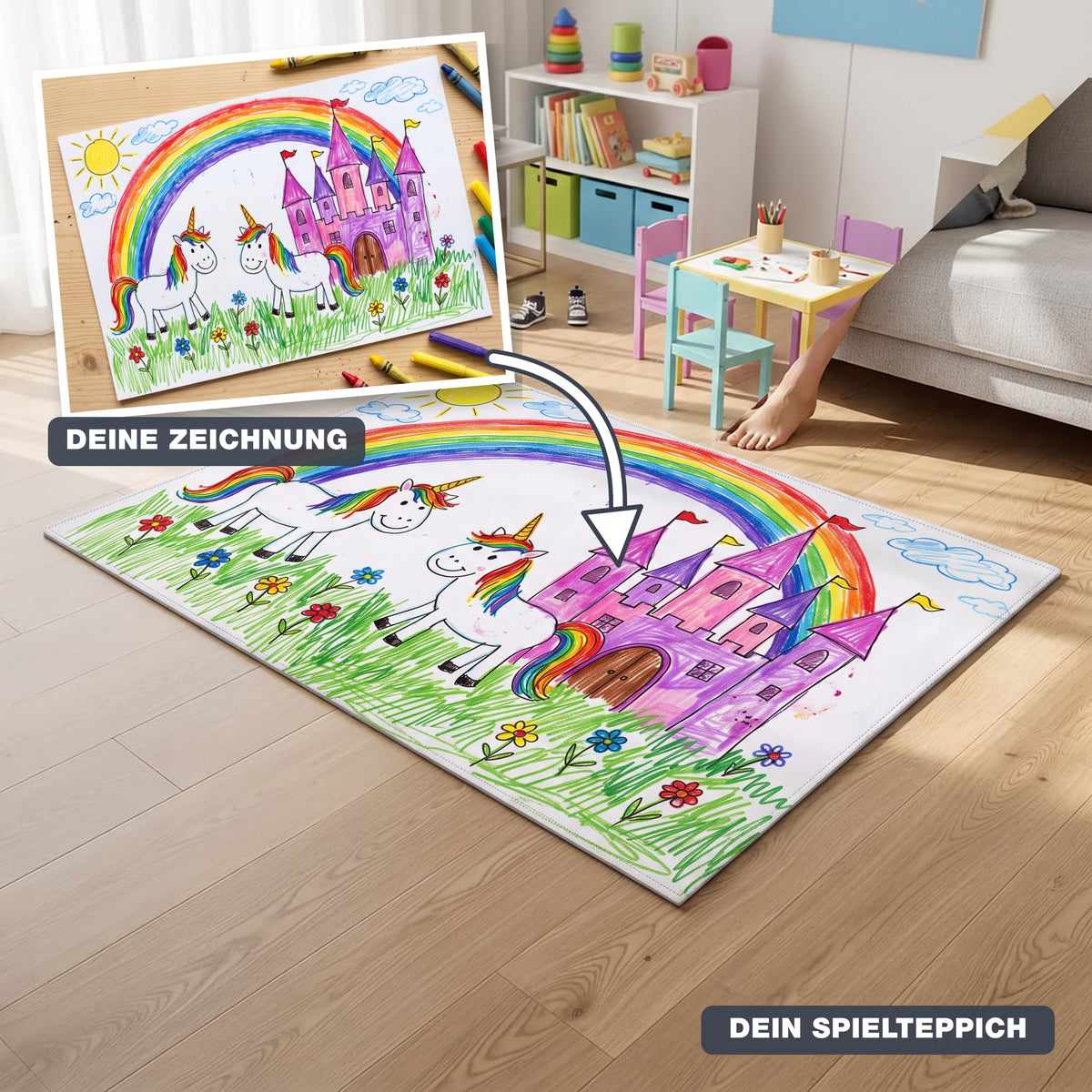 Spielteppich mit eigenem Motiv – aus der Kinderzeichnung mit Einhörnern und Schloss wird der Spielteppich