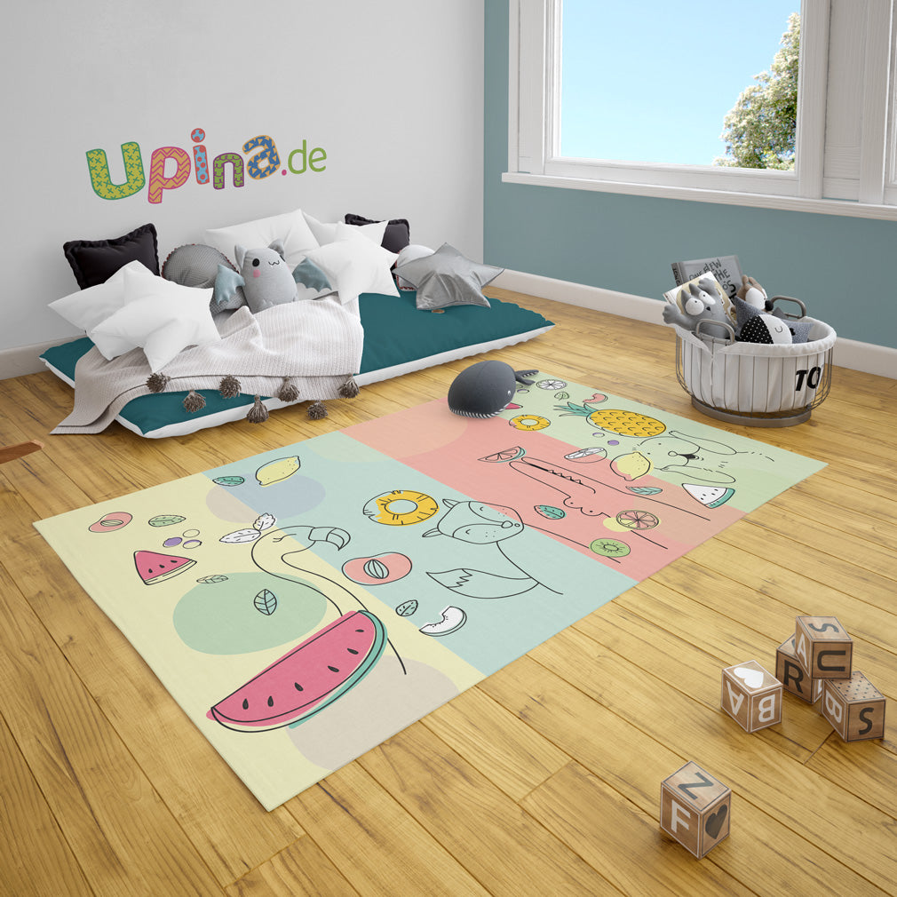 Spielteppich Tiere-Früchte fürs Kinderzimmer – rutschfest und waschbar – Detailansicht