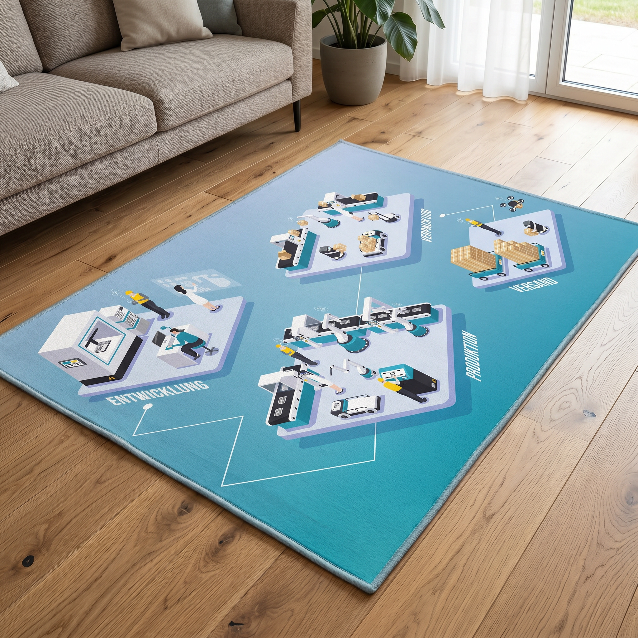 Upina Spielteppich Industrie im Wohnraum, schräge Ansicht