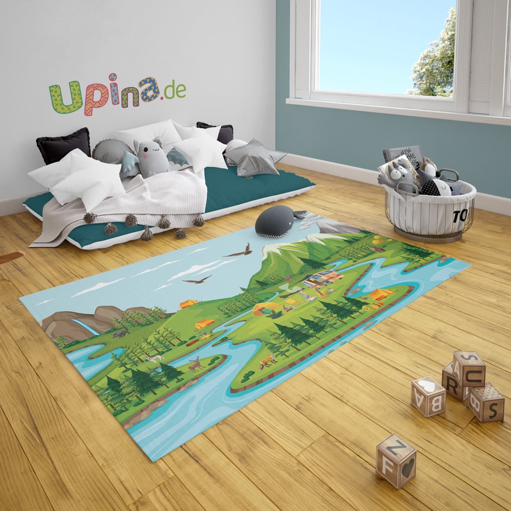 Kinder Teppich Spielteppich Camping Velours grün 110x200 cm Wald 